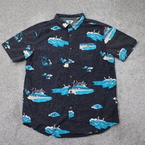 Vissla Waikikooks Shirt Mens XL Black/Blue Beach Print Cotton/Viscose S/S Button